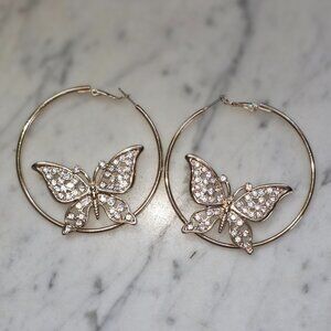 Gold Tone Butterfly Hoop Earrings Rhinestone Openwork Statement